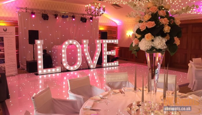 Giant Light Up Love Letters in white used for a wedding reception